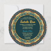 Turquoise Gele Fractale Kant en Tiara Quinceañera Kaart (Achterkant)