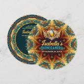 Turquoise Gele Fractale Kant en Tiara Quinceañera Kaart (Voorkant / Achterkant)