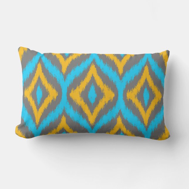 Turquoise & Gele & Grijze Quatrefoil Ikat Patroon Buitenkussen (Voorkant)