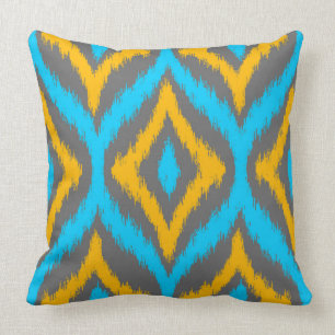 Turquoise & Gele & Grijze Quatrefoil Ikat Patroon Kussen