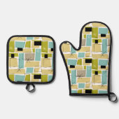 Turquoise gele vierkanten Starburst Mid Century Ovenwant & Pannenlap Set (Voorkant)