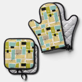 Turquoise gele vierkanten Starburst Mid Century Ovenwant & Pannenlap Set (Voorkant / Achterkant)