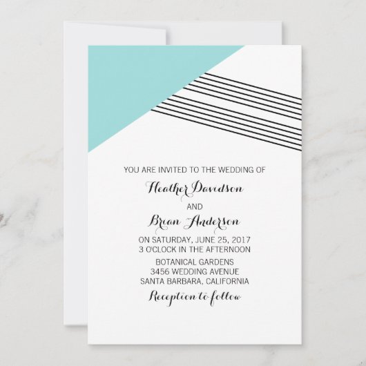 Turquoise Geometric Stripe Wedding Invite Kaart (Voorkant)