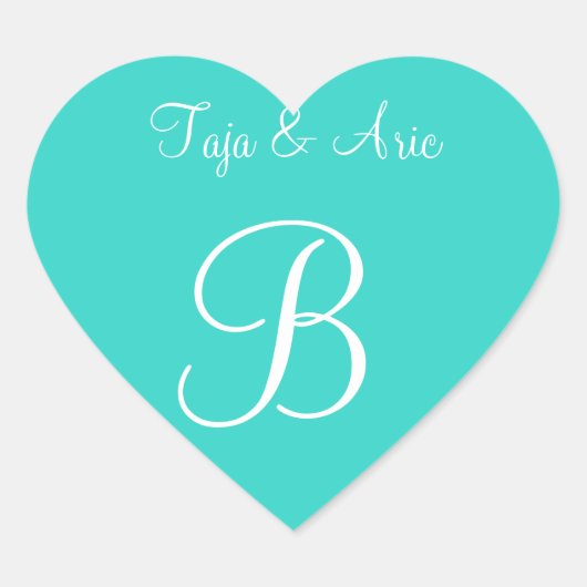 Turquoise Gepersonaliseerde monogrammed Stationery Hart Sticker (Voorkant)