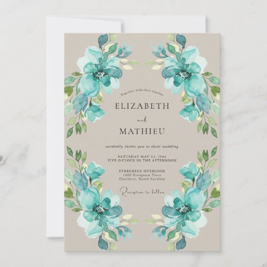 Turquoise Geschilderd Blad Bruiloft Kaart (Voorkant)
