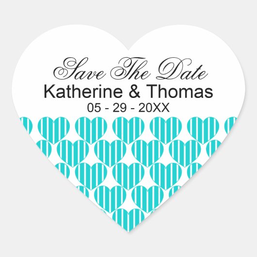 Turquoise gestreepte harten bewaren de datum Stick Hart Sticker (Voorkant)