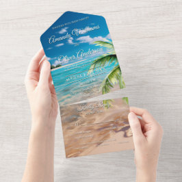 Turquoise getijden tropische palmboom strand bruil all in one uitnodiging