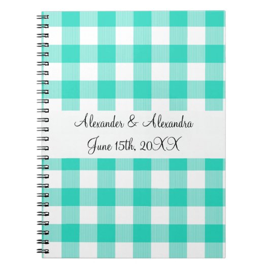 Turquoise gingham patroon bruiloft gunst notitieboek (Voorkant)