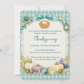 Turquoise Gingham Thanksgiving Uitnodigingskaart Kaart (Voorkant)