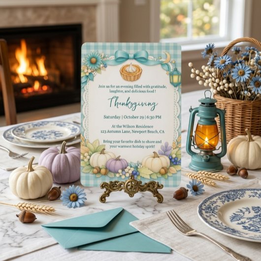 Turquoise Gingham Thanksgiving Uitnodigingskaart Kaart