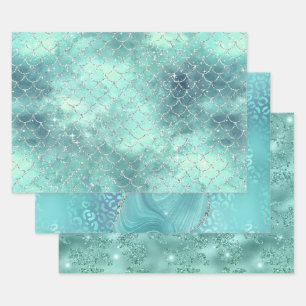 Turquoise Glamour Glitter Glans Elegante Patronen Inpakpapier Vel