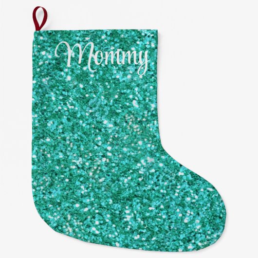 Turquoise glinsterend glitterpatroon grote kerstsok (Voorkant)