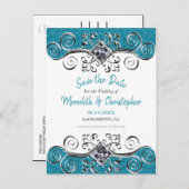 Turquoise Glitter Bling Wedding Save the Date Aankondigingskaart (Voorkant / Achterkant)