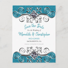 Turquoise Glitter Bling Wedding Save the Date Aankondigingskaart