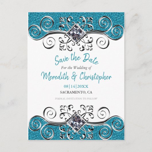 Turquoise Glitter Bling Wedding Save the Date Aankondigingskaart (Voorkant)