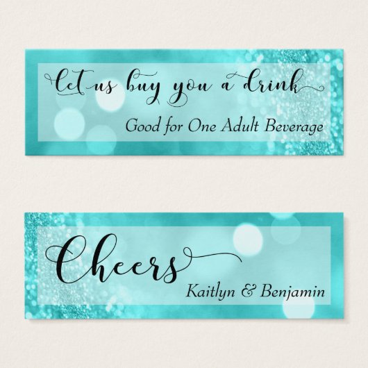 Turquoise Glitter Bokeh Script Mini Drink Ticket Visitekaartjes (Voorkant /achterkant)