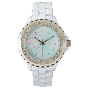 Turquoise Glitter Cherry Blossom Horloge