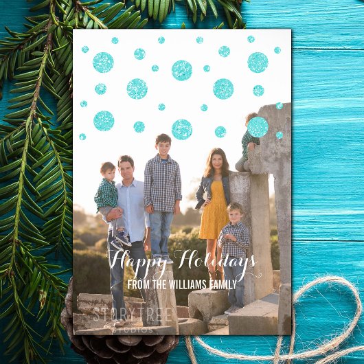 Turquoise Glitter Confetti Holiday Photo Card Feestdagenkaart