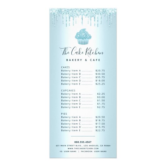 Turquoise Glitter Cupcake Bakery Pastry Chef Menu (Voorkant)