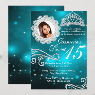 Turquoise Glitter Diamanten Tiara Foto Quinceanera Kaart