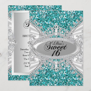 Turquoise Glitter Diamanten Tiara Sweet 16 Uitnodi Kaart