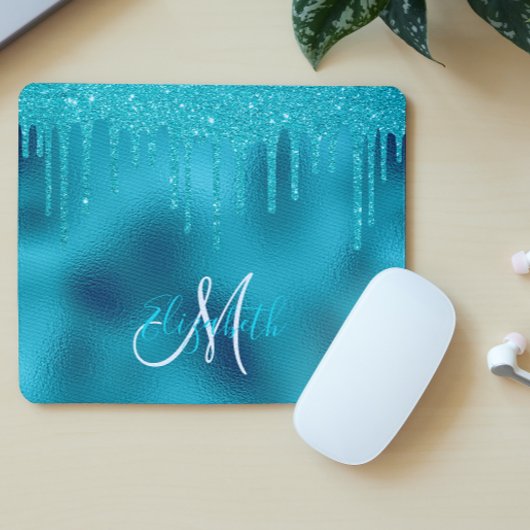 Turquoise Glitter Drip Personalized Monogram Muismat