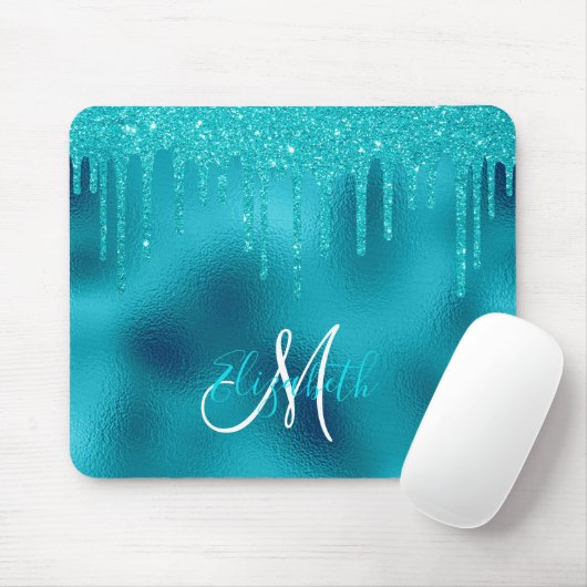 Turquoise Glitter Drip Personalized Monogram Muismat (Met muis)