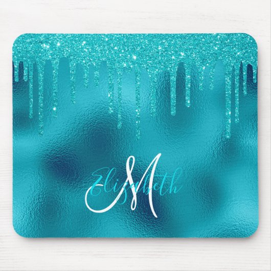Turquoise Glitter Drip Personalized Monogram Muismat (Voorkant)