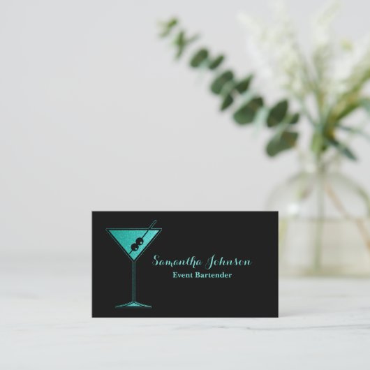 Turquoise Glitter Event Bartender Visitekaartje (Staand voorkant)