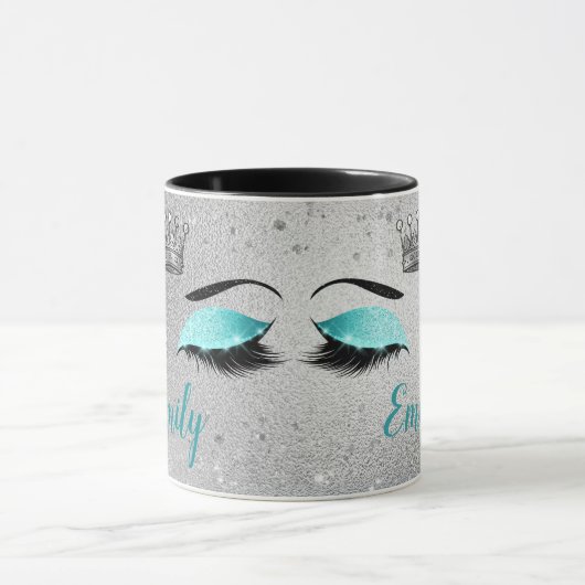 Turquoise Glitter Eyes Monogram Mok (Midden)
