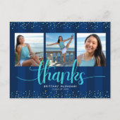 Turquoise glitter foto afstuderen marine bedankt briefkaart (Voorkant)