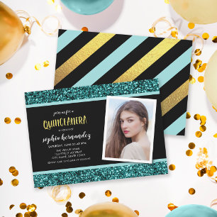 Turquoise Glitter Foto Quinceanera Uitnodiging