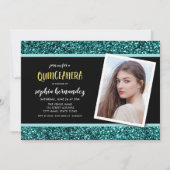 Turquoise Glitter Foto Uitnodiging Quinceanera Fee (Voorkant)