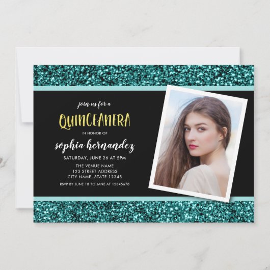 Turquoise Glitter Foto Uitnodiging Quinceanera Fee (Voorkant)