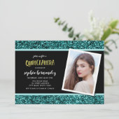 Turquoise Glitter Foto Uitnodiging Quinceanera Fee (Staand voorkant)