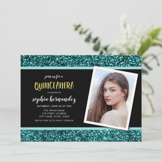 Turquoise Glitter Foto Uitnodiging Quinceanera Fee (Staand voorkant)