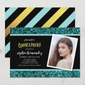 Turquoise Glitter Foto Uitnodiging Quinceanera Fee (Voorkant / Achterkant)