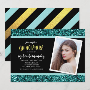 Turquoise Glitter Foto Uitnodiging Quinceanera Fee