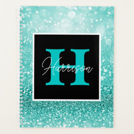 Turquoise Glitter Glam Monogram Naam Gepersonalise Planner