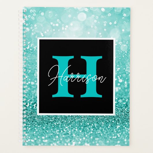 Turquoise Glitter Glam Monogram Naam Gepersonalise Planner (Voorkant)