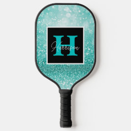 Turquoise Glitter Glam Monogram Naam  Pickleball Paddle