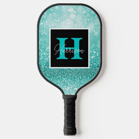 Turquoise Glitter Glam Monogram Naam  Pickleball Paddle (Voorkant)