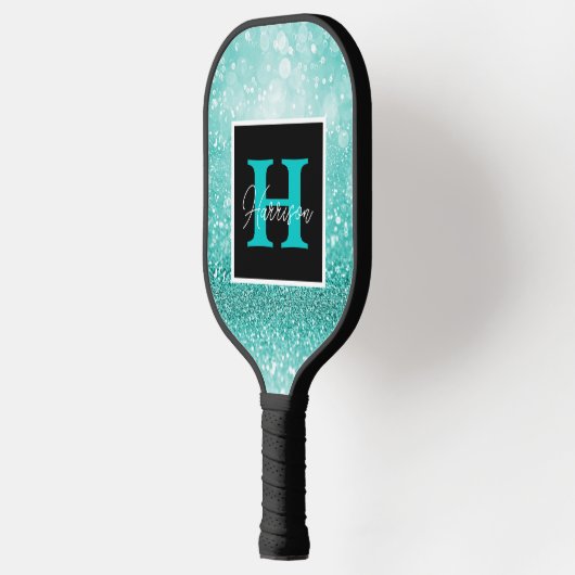 Turquoise Glitter Glam Monogram Naam Pickleball Paddle (Links)