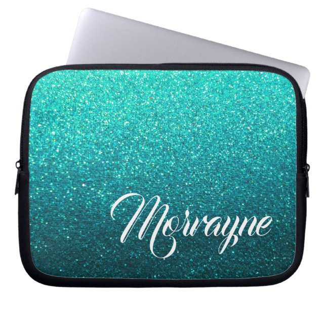 Turquoise Glitter Glam Ombre Sparkles Fancy Naam Laptop Sleeve (Voorkant)
