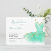 Turquoise Glitter Gown Quinceanera Invitation Kaart (Staand voorkant)