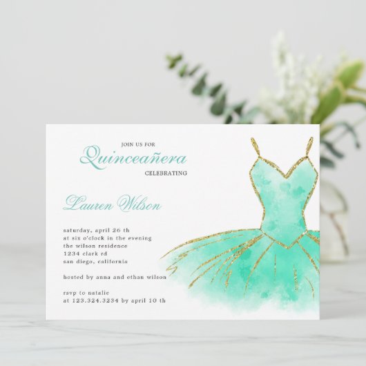 Turquoise Glitter Gown Quinceanera Invitation Kaart (Staand voorkant)