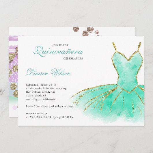 Turquoise Glitter Gown Quinceanera Invitation Kaart (Voorkant / Achterkant)