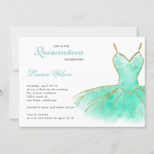 Turquoise Glitter Gown Quinceanera Invitation Kaart