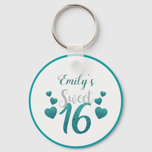 Turquoise glitter Hearts and Numbers Sleutelhanger (Voorkant)