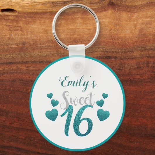 Turquoise glitter Hearts and Numbers Sleutelhanger (Voorkant)